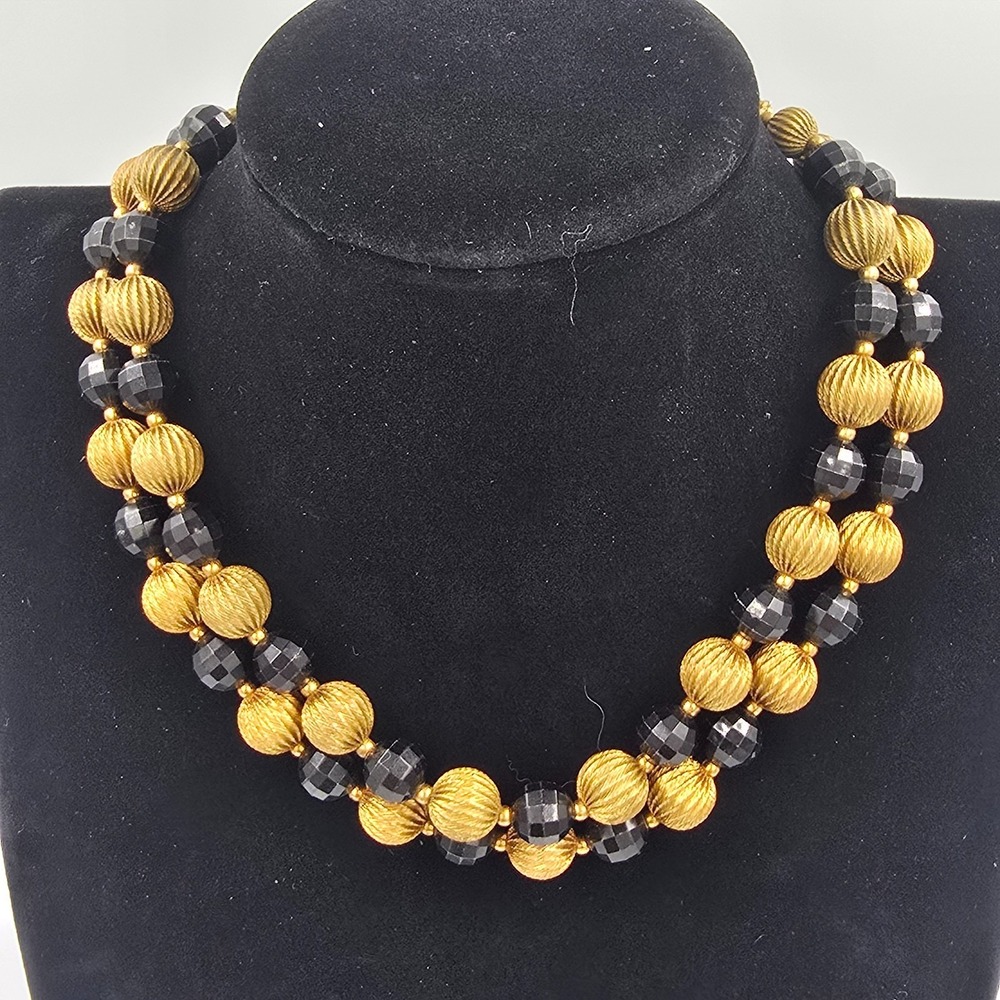Vintage Black and Gold tone Bead Necklace Double Strand Faceted Classic Dressy - Picture 3 of 9